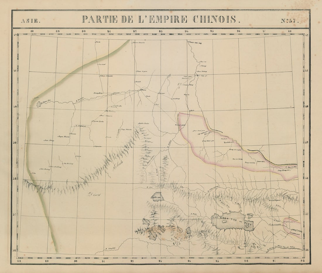 Asie. Empire Chinois #57 Qinghai Gansu Xinjiang China. VANDERMAELEN 1827 map: Asie - Partie de l'Empire Chinois - No. 57'. Northern Qinghai & Gansu and south-eastern Xinjiang . Philippe Marie Guillaume Vandermaelen. Lithography by Henri Ode. Published 1827. Antique folio-si