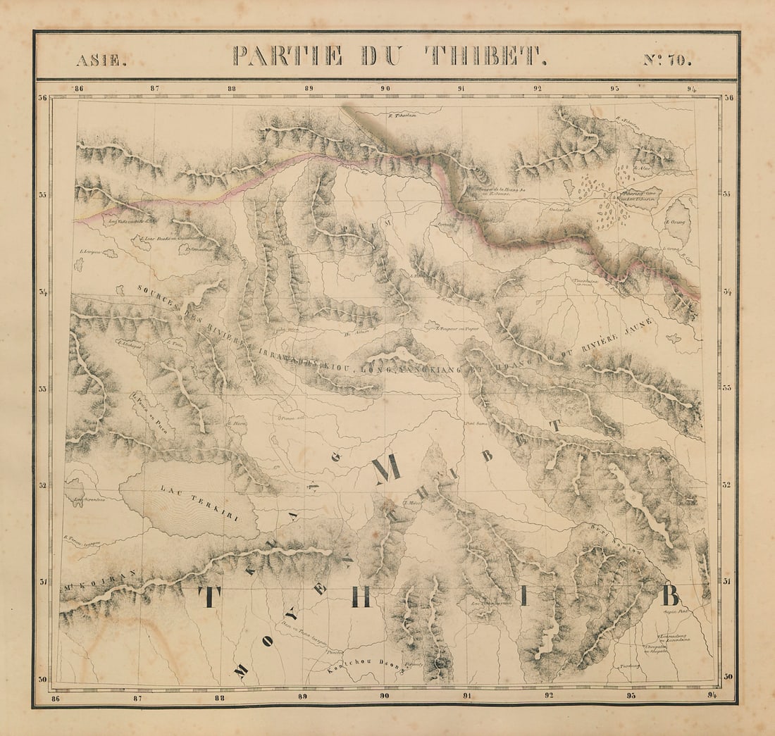 Asie. Partie du Thibet #70 NE Tibet & SW Qinghai. China. VANDERMAELEN 1827 map: Asie - Partie du Thibet - No. 70'. North-eastern Tibet and south-western Qinghai . Philippe Marie Guillaume Vandermaelen. Lithography by Henri Ode. Published 1827. Antique folio-sized lithographic