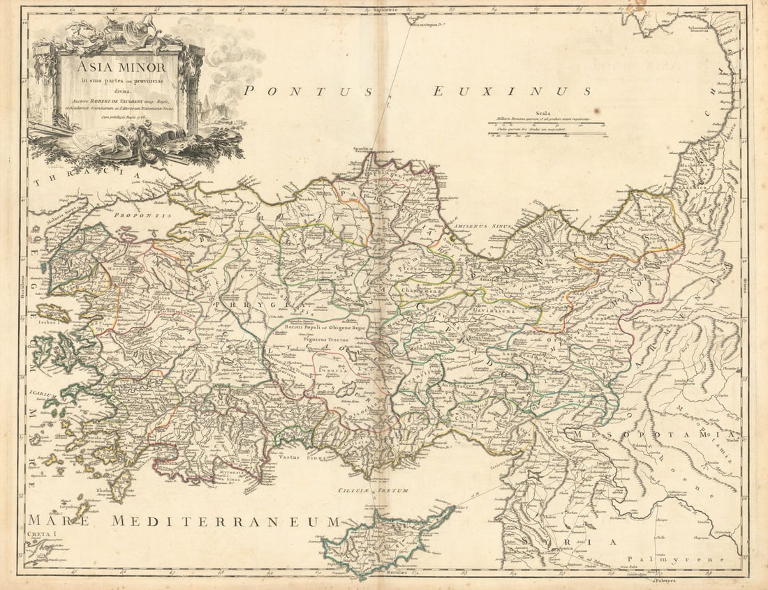 Asia Minor in suas partes seu provincias divisa. Turkey. VAUGONDY 1756 map: Asia Minor in suas partes seu provincias divisa. Auctore Robert de Vaugondy, Geog. Regis, et Academiae Scientiarum ac Litterarum Nanceianae Socio. Cum privilegio Regis' by Robert de Vaugondy, Gilles &
