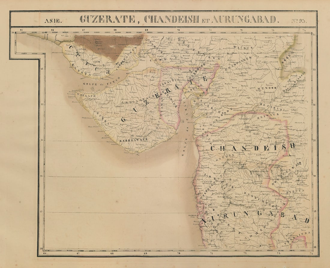 Asie Guzerate Chandeish Aurungabad 93 India Gujarat Mumbai VANDERMAELEN 1827 map: Asie - Guzerate, Chandeish et Aurungabad - No. 93'. Gujarat and western Maharashtra, western India . Philippe Marie Guillaume Vandermaelen. Lithography by Henri Ode. Published 1827. Antique folio-size