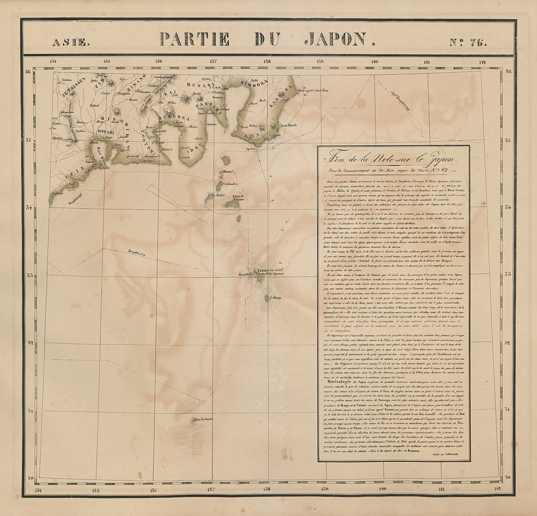 Asie. Partie du Japon #76 Honshu, Japan. Chubu & Kanto. VANDERMAELEN 1827 map: Asie - Partie du Japon [Fin de la note Sur le Japon] - No. 76. Part of the southern coasts of Chubu & Kanto in Honshu. Shows explorer's route. Includes "Fin de la Note sur le Japon" . Philippe