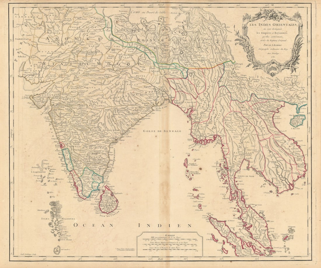 Les Indes Orientales South Asia India Indochina Tibet. VAUGONDY 1751 map: Les Indes Orientales, ou sont distingues les empires et Royaumes qu'elles contiennent, tirees du Neptune Oriental. Par le S. Robert Geographe ordinaire du Roy. Avec Privilege' by Robert de Vaugondy, G