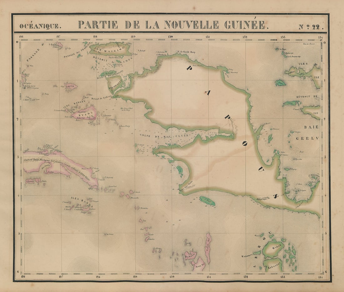 Oceanique Partie de la Nouvelle Guinee 22 W Papua Moluccas VANDERMAELEN 1827 map: Oceanique - Partie de la Nouvelle Guinee - No. 22'. The eastern Moluccas and West Papua, New Guinea . Philippe Marie Guillaume Vandermaelen. Lithography by Henri Ode. Published 1827. Antique