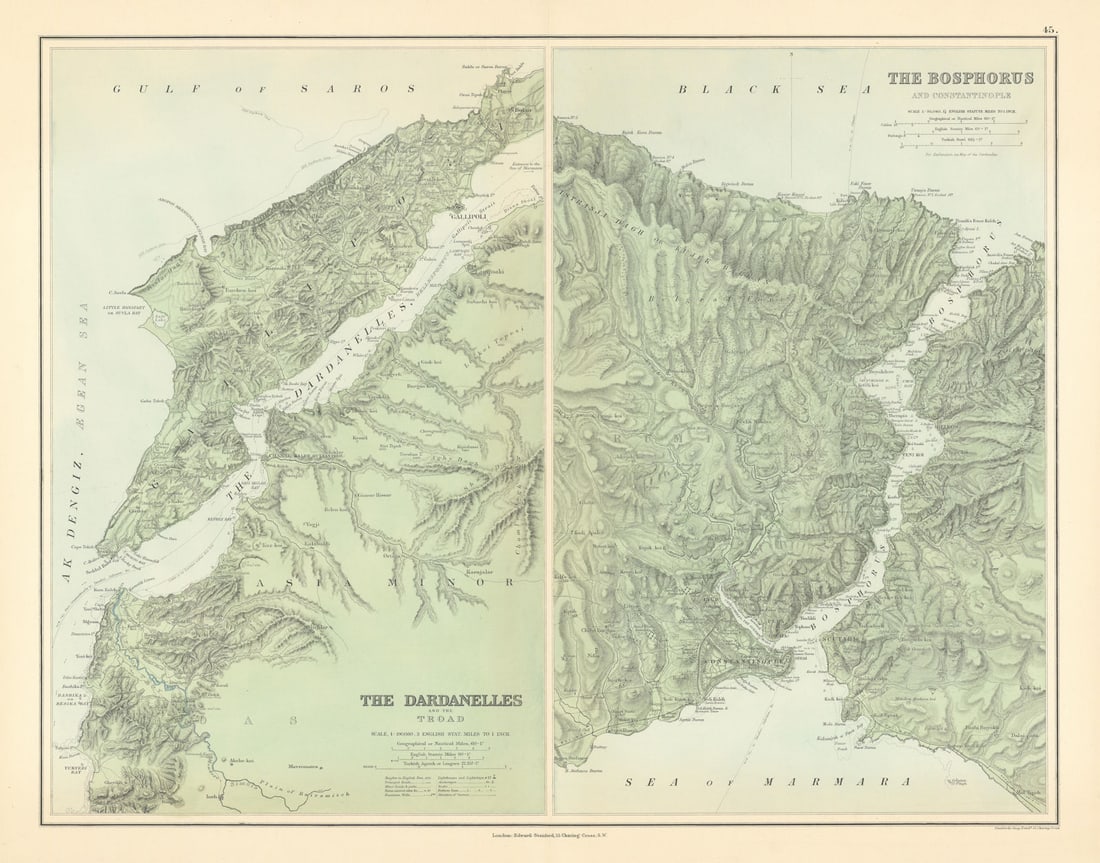 Bosphorus & Constantinople. Dardanelles & Troad. Istanbul. STANFORD 1887 map: The Bosphorus & Constantinople // The Dardanelles and the Troad'. Stanford's Geographical Establishment. Published 1887. Large (folio) antique atlas map. Size 51 x 66 cm | 20.0 x 26.0 inches.