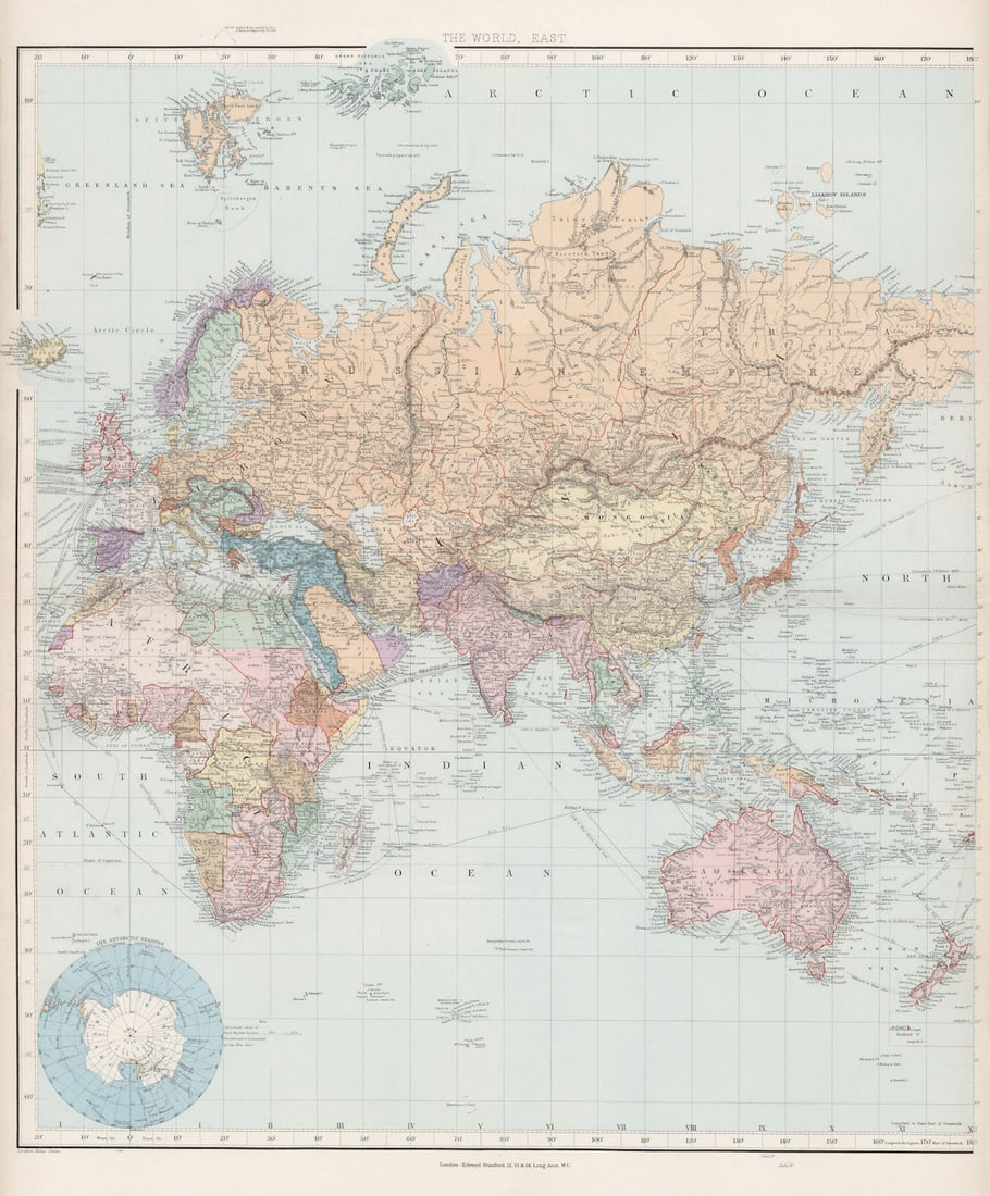 World on Mercator's Projection. East sheet. Europe Asia Africa STANFORD 1904 map: [A Chart of the World on Mercator's Projection shewing the principal Ocean Steam Routes, the Submarine Telegraphs, &c.] The World, East. Stanford's Geographical Establishment. Published 1904.