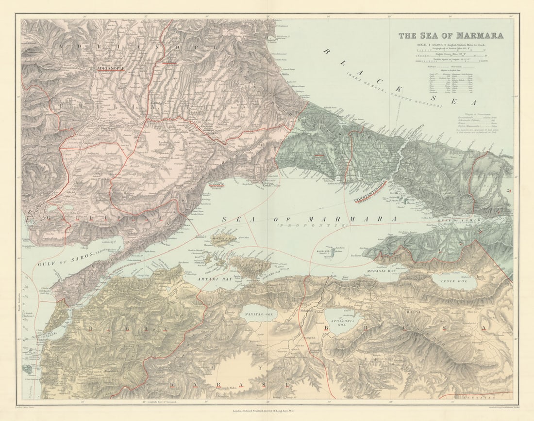 Sea of Marmara & adjacent region. Northwest Turkey. 51x65cm STANFORD 1904 map: The Sea of Marmara'. Stanford's Geographical Establishment. Published 1904. Large (folio) antique atlas map. Size 50 x 64 cm | 19.5 x 25.0 inches. Condition: Good; suitable for framing. The image