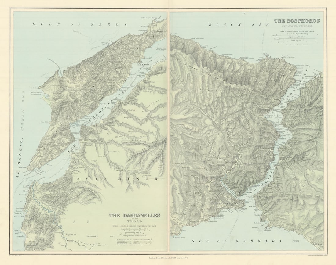 Bosphorus & Constantinople. Dardanelles & Troad. Istanbul. STANFORD 1904 map: The Bosphorus & Constantinople // The Dardanelles and the Troad'. Stanford's Geographical Establishment. Published 1904. Large (folio) antique atlas map. Size 50 x 64 cm | 19.5 x 25.0 inches.
