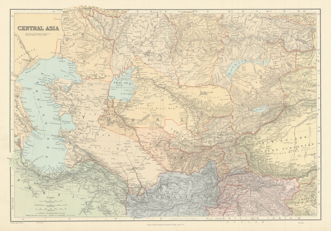 Central Asia. Trans-Caspian Aral Sea Khiva Bokhara Sirdaria STANFORD 1904 map: Central Asia'. Stanford's Geographical Establishment. Published 1904. Large (folio) antique atlas map. Size 36 x 52 cm | 14.0 x 20.5 inches. Condition: Good; suitable for framing. The image shown may