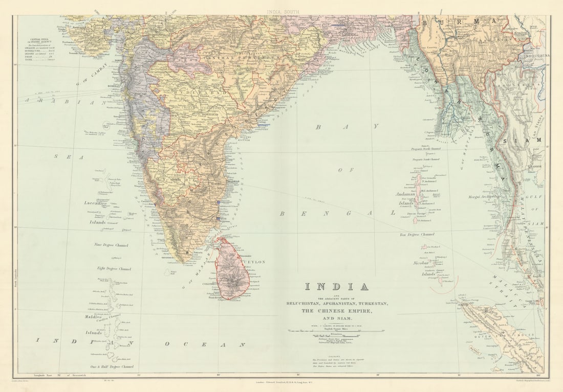 India, South. Burma Ceylon Bay of Bengal Andaman Maldives. STANFORD 1904 map: India and adjacent parts of Beluchistan, Afghanistan, Turkestan, the Chinese Empire, and Siam [South Sheet]. Stanford's Geographical Establishment. Published 1904. Large (folio) antique atlas map.