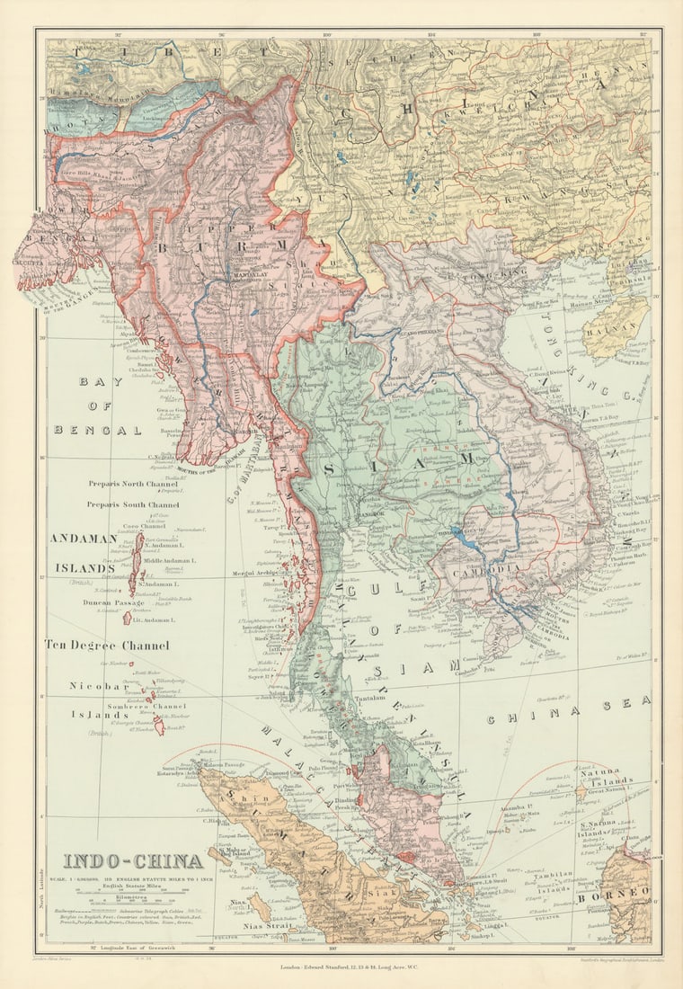 Indo-China. Indochina. Siam Annam Burma Thailand Cambodia. STANFORD 1904 map: Indo-China'. Stanford's Geographical Establishment. Published 1904. Large (folio) antique atlas map. Size 53 x 37 cm | 20.5 x 14.5 inches. Condition: Good; suitable for framing. The image shown may