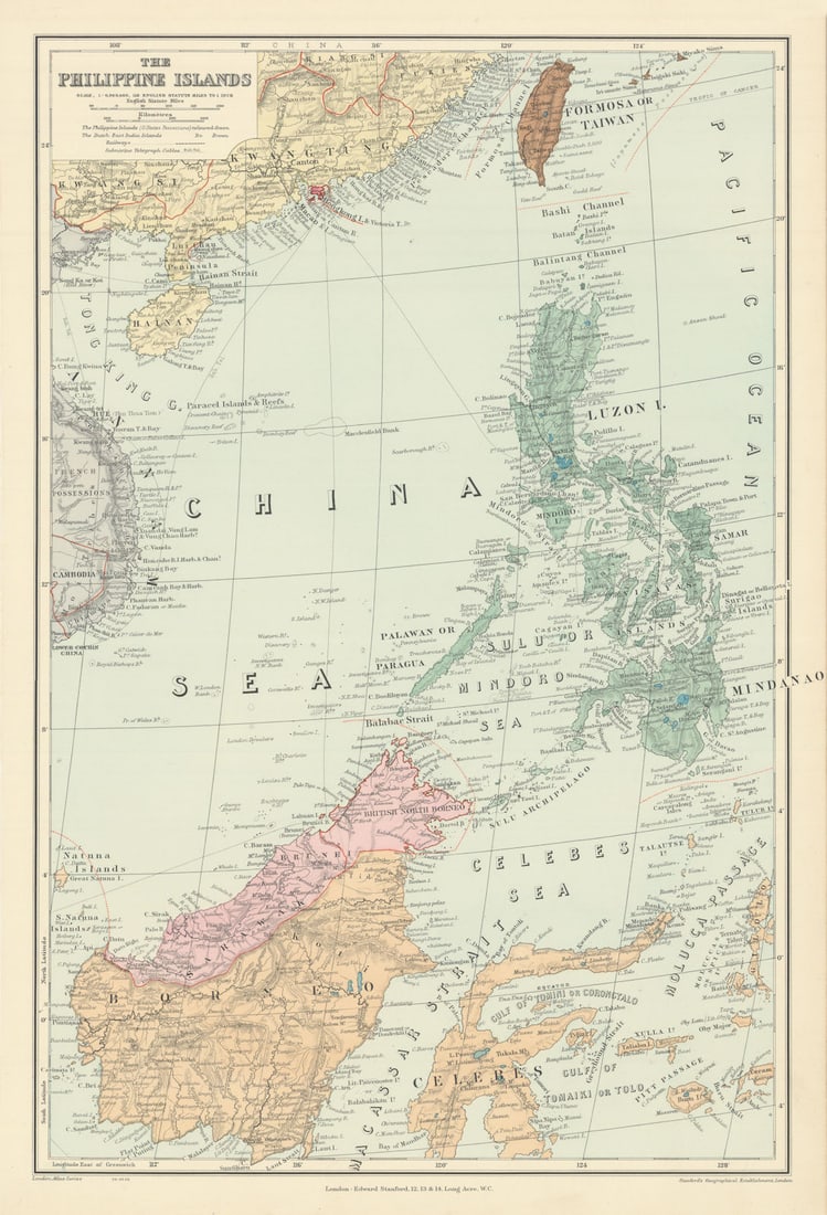 Philippine Islands. Borneo Celebes Sulawesi Kalimantan. STANFORD 1904 old map: The Philippine Islands'. Stanford's Geographical Establishment. Published 1904. Large (folio) antique atlas map. Size 54 x 36 cm | 21.0 x 14.0 inches. Condition: Good; suitable for framing. The image