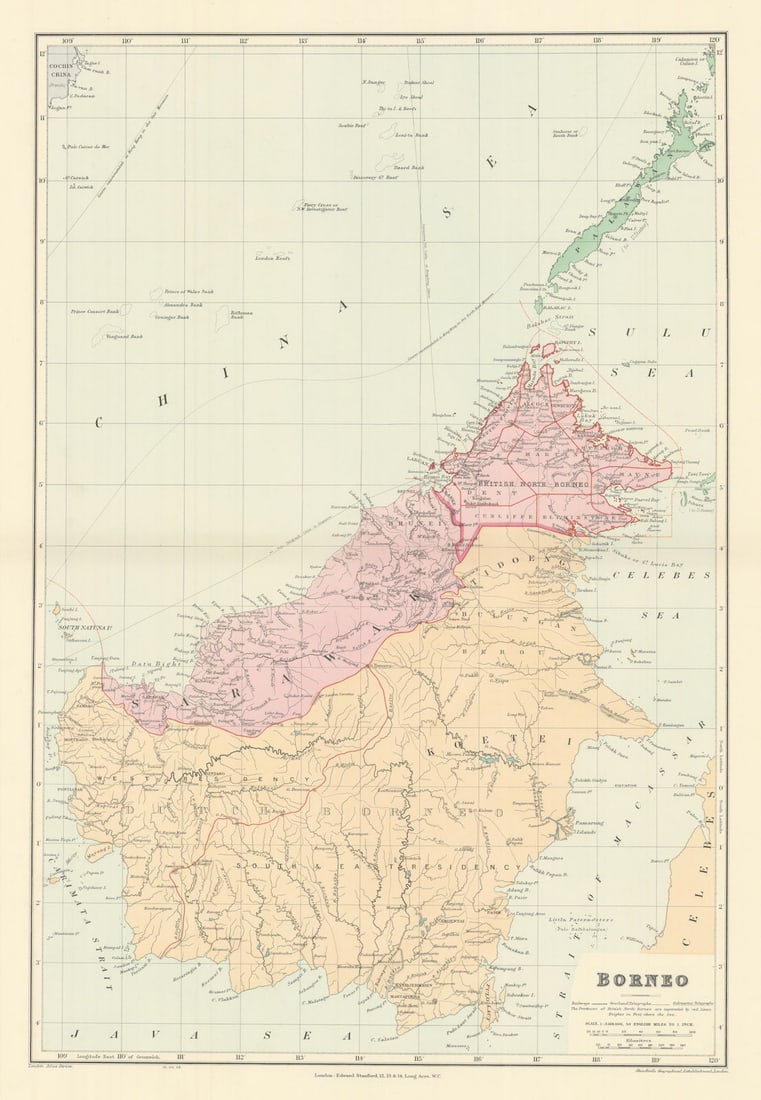Dutch & British North Borneo Sarawak Kalimantan Palawan. STANFORD 1904 old map: Borneo'. Stanford's Geographical Establishment. Published 1904. Large (folio) antique atlas map. Size 64 x 44 cm | 25.0 x 17.5 inches. Condition: Good; suitable for framing. The image shown may have