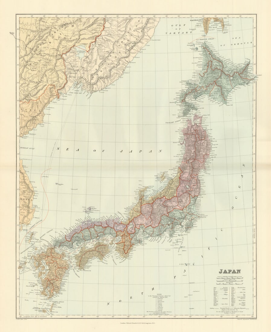 The Islands of Japan, in Provinces/prefectures. 65x52cm. STANFORD 1904 old map: Japan'. Stanford's Geographical Establishment. Published 1904. Large (folio) antique atlas map. Size 64 x 52 cm | 25.0 x 20.5 inches. Condition: Good; suitable for framing. The image shown may have