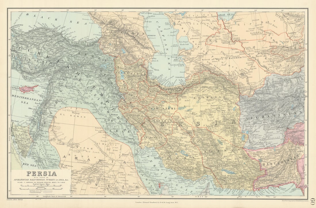 Persia, Afghanistan, Baluchistan, Turkey. South west Asia. STANFORD 1904 map: Persia with parts of Afghanistan, Baluchistan, Turkey in Asia, &c.'. Stanford's Geographical Establishment. Published 1904. Large (folio) antique atlas map. Size 36 x 55 cm | 14.0 x 21.5 inches. C