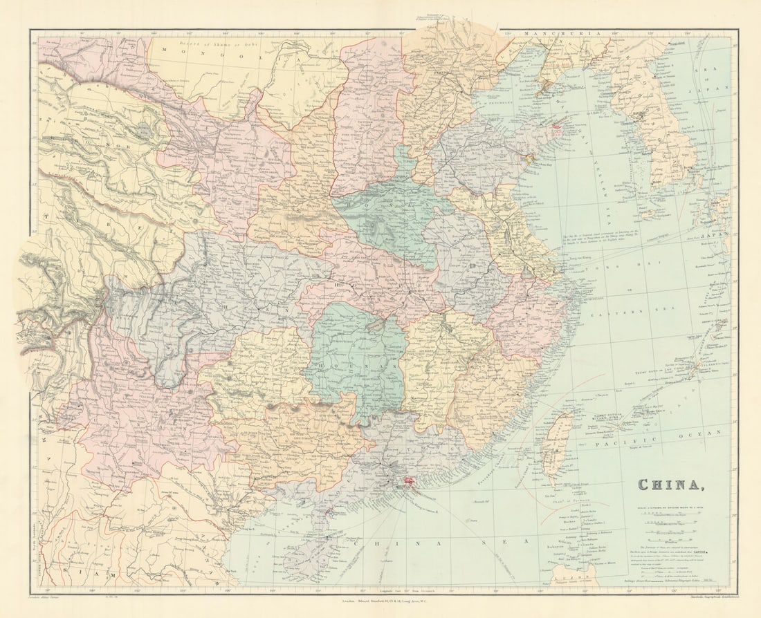 China. Hong Kong. Kwang-chao. Kiao-chai. Wei-hai-wei. 52x65cm. STANFORD 1904 map: China'. Stanford's Geographical Establishment. Published 1904. Large (folio) antique atlas map. Size 52 x 65 cm | 20.5 x 25.5 inches. Condition: Good; suitable for framing. The image shown may have