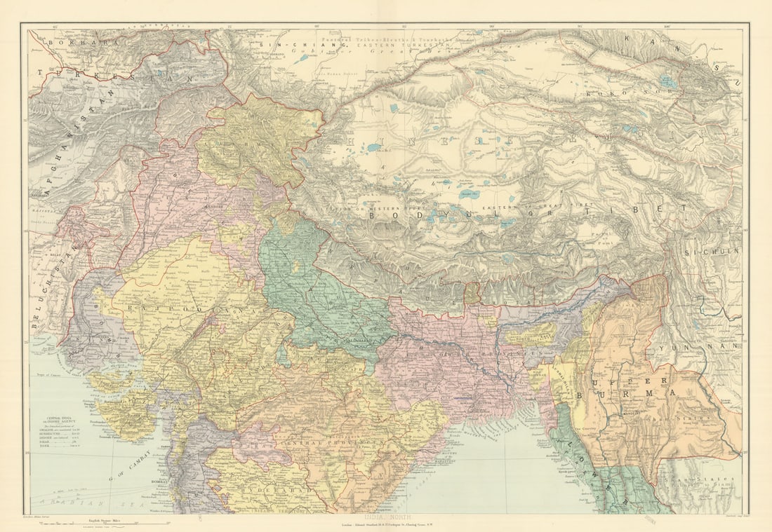 India, North. Tibet Bodyul Himalayas Baluchistan Burma 51x72cm STANFORD 1894 map: India, North'. Stanford's Geographical Establishment. Published 1894. Large (folio) antique atlas map. Size 49 x 72 cm | 19.5 x 28.0 inches. Condition: Good; suitable for framing. The image shown may