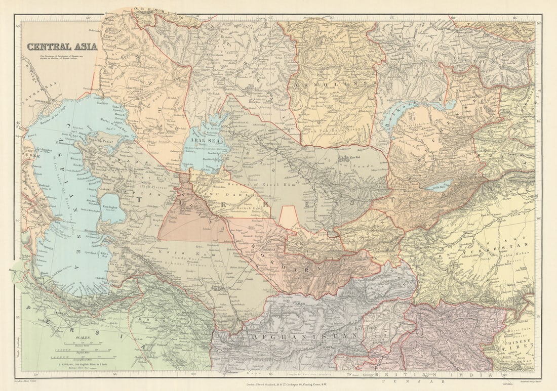 Central Asia. Trans-Caspian Aral Sea Khiva Bokhara Sirdaria STANFORD 1894 map: Central Asia'. Stanford's Geographical Establishment. Published 1894. Large (folio) antique atlas map. Size 36 x 51 cm | 14.0 x 20.0 inches. Condition: Good; suitable for framing. The image shown may 