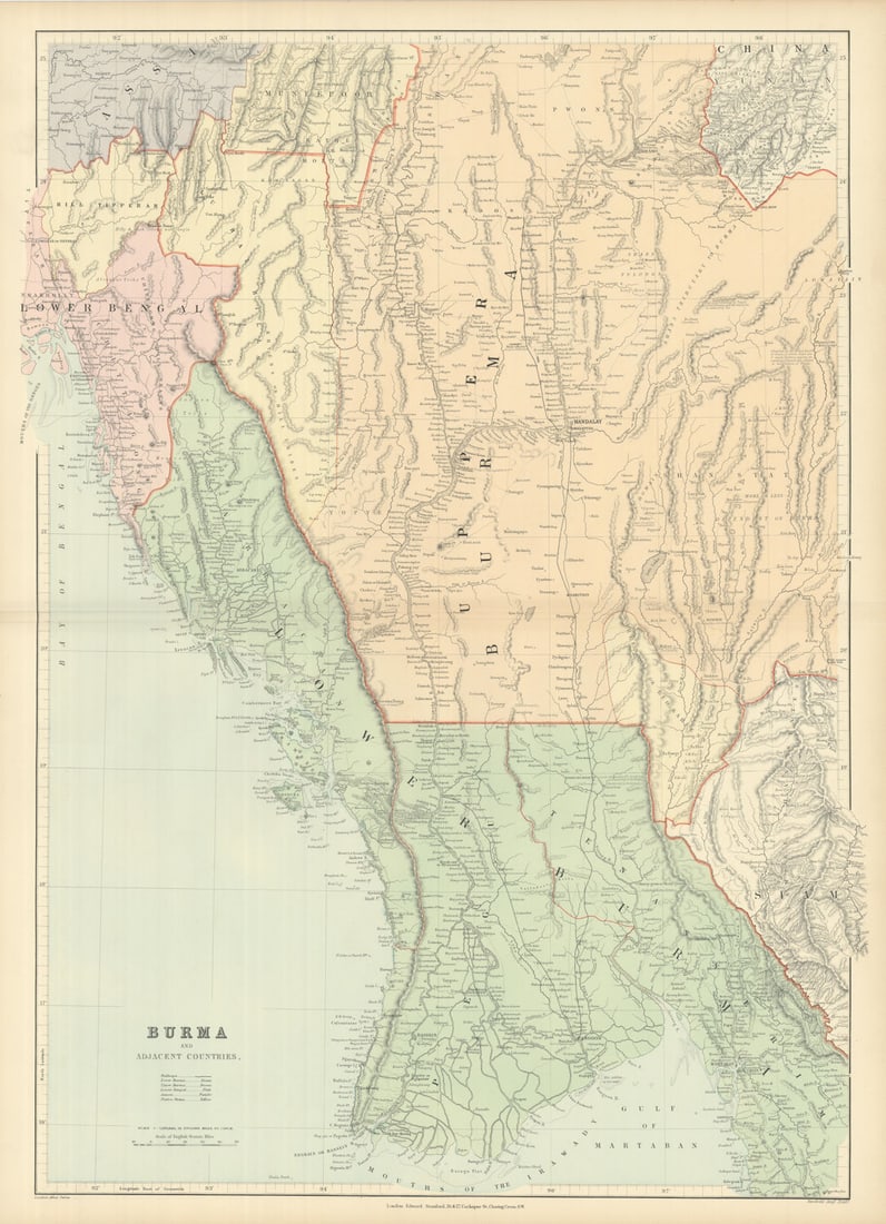 Burma & Adjacent Countries. Myanmar Bengal Assam. 75x54cm. STANFORD 1894 map: Burma and adjacent countries'. Stanford's Geographical Establishment. Published 1894. Large (folio) antique atlas map. Size 75 x 54 cm | 29.5 x 21.5 inches. Condition: Good; suitable for framing. The