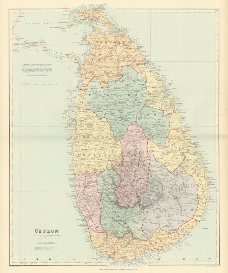 Ceylon. Sri Lanka. Provinces & railways. Large 66x53cm. STANFORD 1894 old map: Ceylon'. Stanford's Geographical Establishment. Published 1894. Large (folio) antique atlas map. Size 66 x 55 cm | 26.0 x 21.5 inches. Condition: Good; suitable for framing. The image shown may have