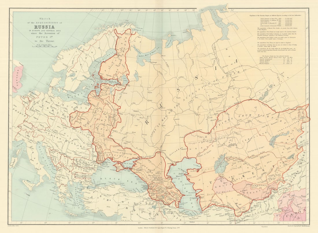 Russian acquisitions in Europe & Central Asia since 1689. STANFORD 1894 map: Sketch of the acquisitions of Russia in Europe and Central Asia since the Accession of Peter 1st to the Throne'. Stanford's Geographical Establishment. Published 1894. Large (folio) antique atlas map.