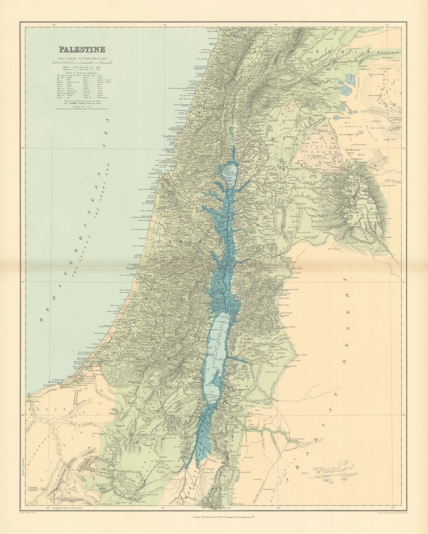Palestine Holy Land Israel. Biblical & historical names. STANFORD 1894 old map: Palestine'. Stanford's Geographical Establishment. Published 1894. Large (folio) antique atlas map. Size 64 x 51 cm | 25.0 x 20.0 inches. Condition: Good; suitable for framing. The image shown may