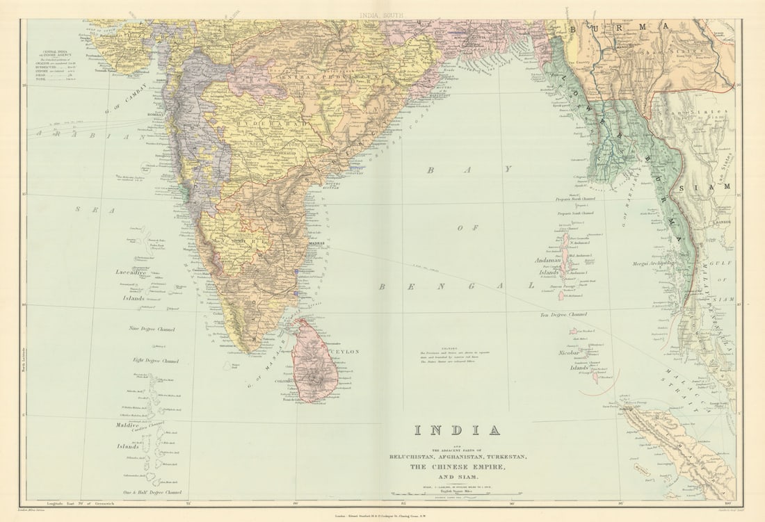 India, South. Burma Ceylon Bay of Bengal Andaman Maldives. STANFORD 1894 map: India and adjacent parts of Beluchistan, Afghanistan, Turkestan, the Chinese Empire, and Siam [South Sheet]. Stanford's Geographical Establishment. Published 1894. Large (folio) antique atlas map.