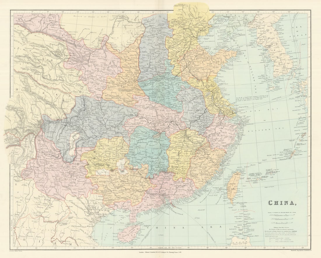 China. Hong Kong. Kwang-chao. Kiao-chai. Wei-hai-wei. 52x65cm. STANFORD 1894 map: China'. Stanford's Geographical Establishment. Published 1894. Large (folio) antique atlas map. Size 52 x 64 cm | 20.5 x 25.0 inches. Condition: Good; suitable for framing. The image shown may have be