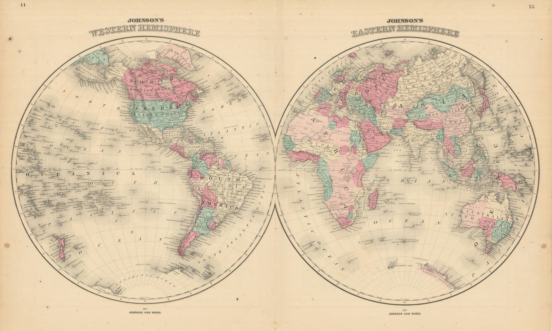 Johnson's Western & Eastern Hemispheres. World 1866 old antique map plan chart: Johnson's Western Hemisphere & Eastern Hemisphere' by Johnson, Alvin Jewett. Published 1866. Large, decorative hand coloured 19th century atlas map. Size 42 x 70 cm | 16.5 x 27.5 inches. Condition