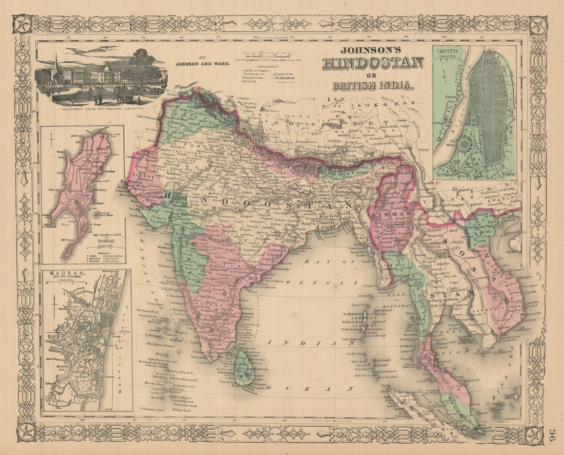 Johnson's Hindostan or British India. Bombay Madras Calcutta. Indochina 1866 map: Johnson's Hindostan or British India // The Island and Town of Bombay, Madras and its Suburbs, and Calcutta' by Johnson, Alvin Jewett. Published 1866. Large, decorative hand coloured 19th century