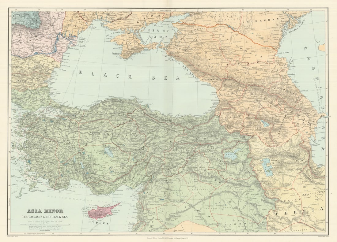 Asia Minor Caucasus & Black Sea. Turkey Syria Georgia Armenia. STANFORD 1894 map: Asia Minor, the Caucasus and the Black Sea'. Stanford's Geographical Establishment. Published 1894. Large (folio) antique atlas map. Size 50 x 70 cm | 19.5 x 27.5 inches. Condition: Good; suitable