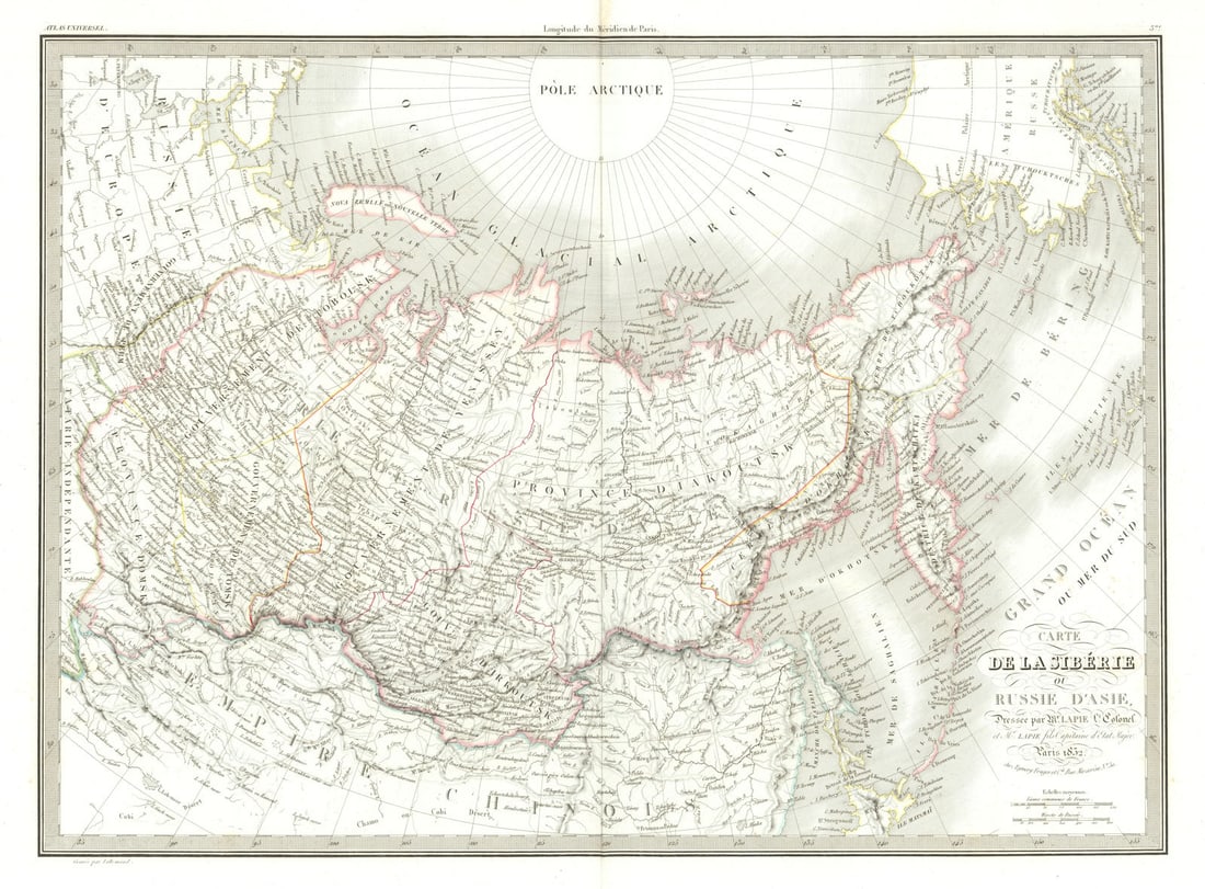 Carte de Siberie ou Russie d'Asie. Siberia or Russia in Asia. LAPIE 1832 map: Carte de Siberie ou Russie d'Asie [Siberia or Russia in Asia]. Pierre Lapie, and Alexandre Emile Lapie (fils). Published 1832 - The publication date of the atlas within which this map was printed is