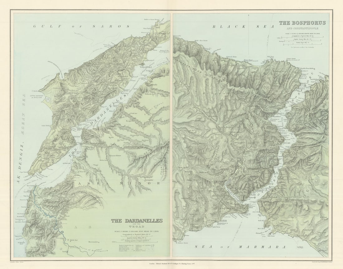 Bosphorus & Constantinople. Dardanelles & Troad. Istanbul. STANFORD 1894 map: The Bosphorus & Constantinople // The Dardanelles and the Troad'. Stanford's Geographical Establishment. Published 1894. Large (folio) antique atlas map. Size 50 x 64 cm | 19.5 x 25.0 inches. Cond