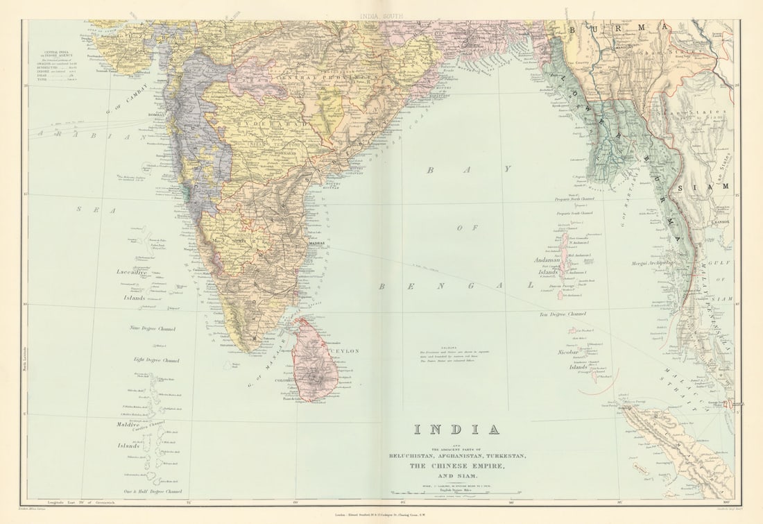 India, South. Burma Ceylon Bay of Bengal Andaman Maldives. STANFORD 1896 map: India and adjacent parts of Beluchistan, Afghanistan, Turkestan, the Chinese Empire, and Siam [South Sheet]. Stanford's Geographical Establishment. Published 1896. Large (folio) antique atlas map. Siz