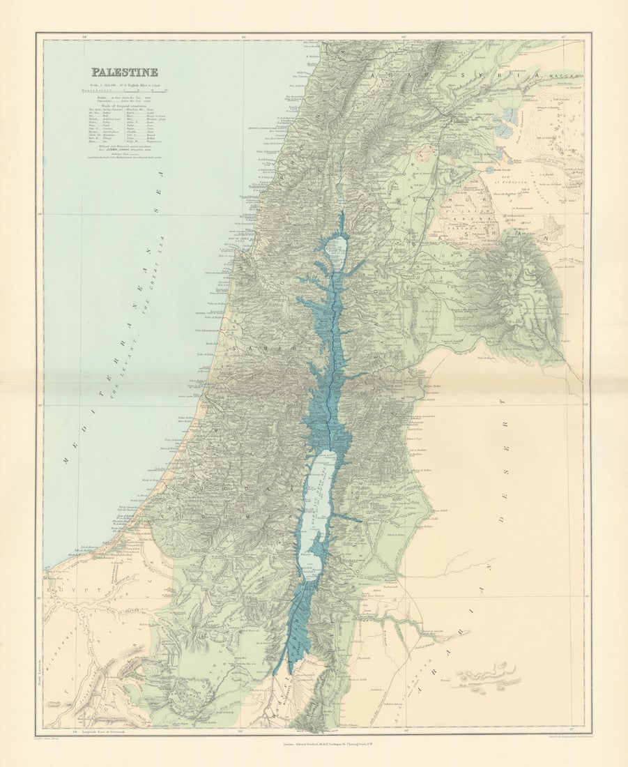 Palestine Holy Land Israel. Biblical & historical names. STANFORD 1896 old map: Palestine'. Stanford's Geographical Establishment. Published 1896. Large (folio) antique atlas map. Size 64 x 51 cm | 25.0 x 20.0 inches. Condition: Good; suitable for framing. The image shown may hav