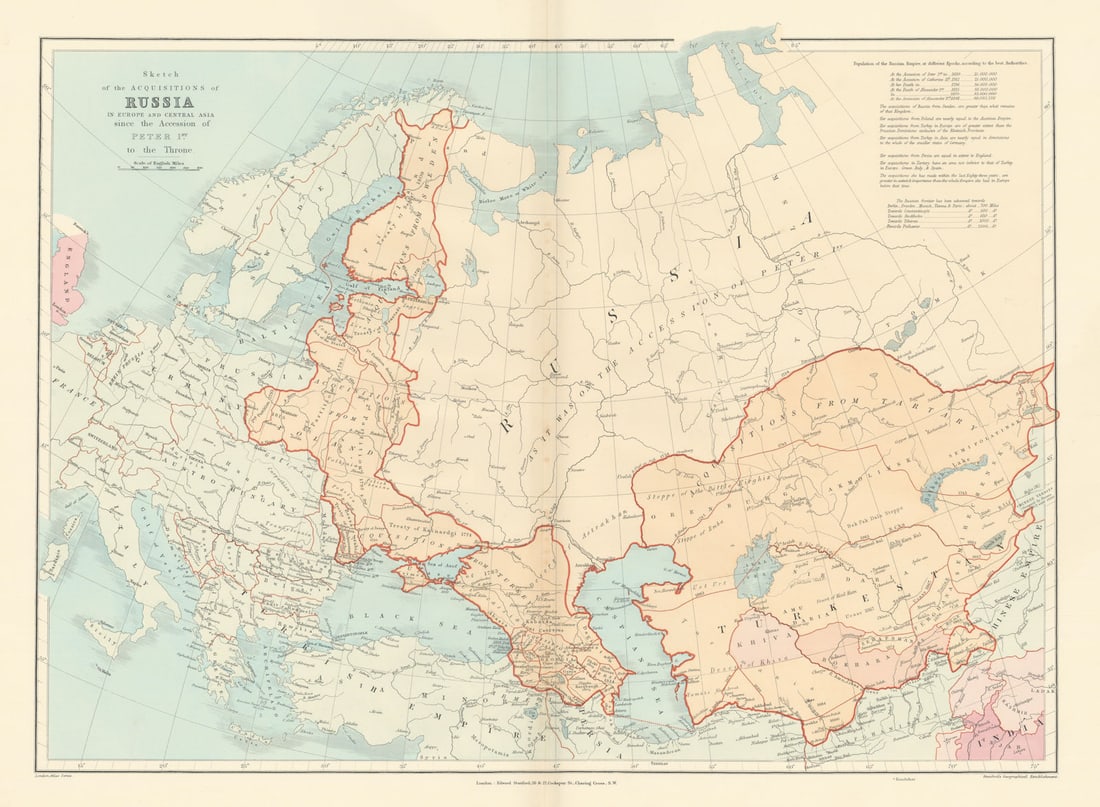 Russian acquisitions in Europe & Central Asia since 1689. STANFORD 1896 map: Sketch of the acquisitions of Russia in Europe and Central Asia since the Accession of Peter 1st to the Throne'. Stanford's Geographical Establishment. Published 1896. Large (folio) antique atlas map.