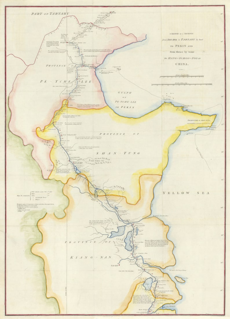 A journey to Pekin & by water to Hang-Tchoo-Foo in China. BAKER 1797 old map: A Sketch of a Journey from Zhe-Hol [Chengde] in Tartary by land to Pekin and from thence by water to Hang-Tchoo-Foo [Hangzhou] in China. This scarce map records the first attempt by the British to neg