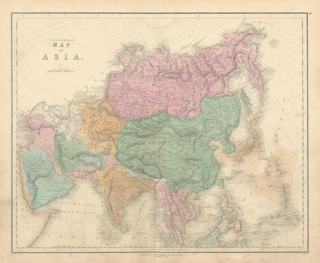 Gall & Inglis' Map of Asia, and Arabia 1850 old antique vintage plan chart: Gall & Inglis' Map of Asia' by Gall, James & Inglis, Robert. Published 1850. Antique folio atlas map wth original hand colour. Size 51 x 59 cm | 20.0 x 23.0 inches. Condition: Fair-to-Good: Light 