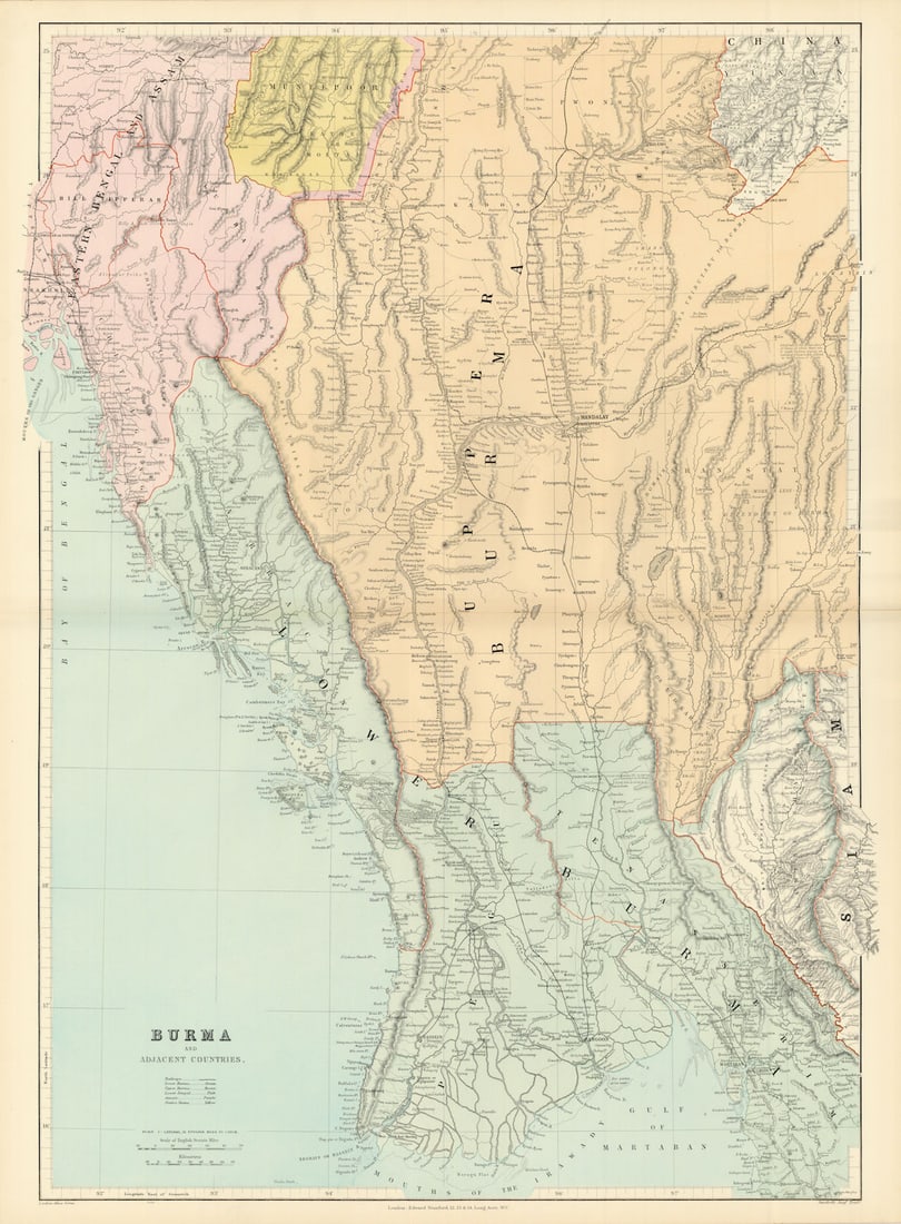Burma & Adjacent Countries. Myanmar Bengal Assam. 75x54cm. STANFORD 1904 map: Burma and adjacent countries'. Stanford's Geographical Establishment. Published 1904. Large (folio) antique atlas map. Size 75 x 54 cm | 29.5 x 21.5 inches. Condition: Good; suitable for framing. The