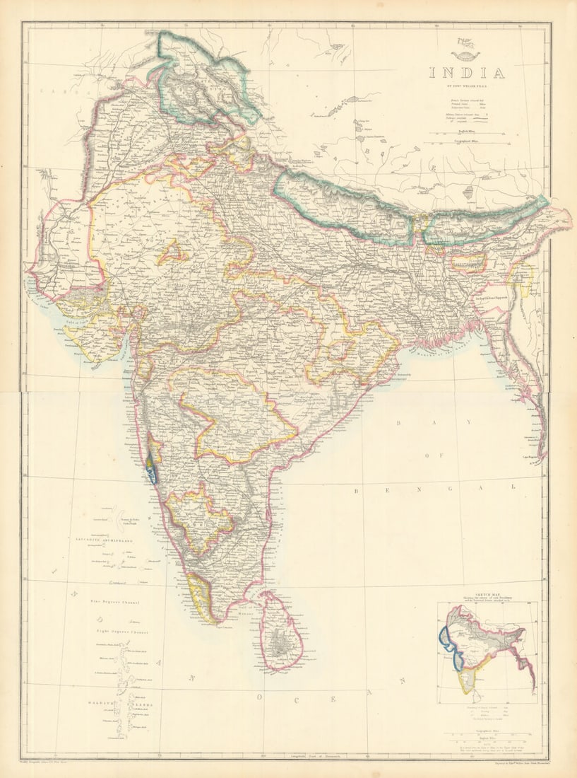 INDIA British/protected/ind states.Completed & planned railways.WELLER 1863 map (1 of 1)