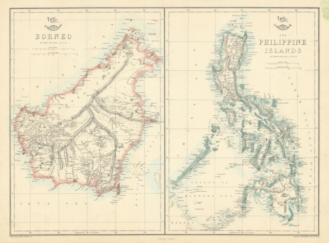 BORNEO & THE PHILIPPINE ISLANDS. East Indies. Manila Zebu/Cebu. WELLER 1863 map: Borneo; The Philippine Islands'. Engraved by Edwd. Weller. Published 1863. Antique map with original outline colour. Size 32 x 44 cm | 12.5 x 17.0 inches. Condition: Good; suitable for framing. The
