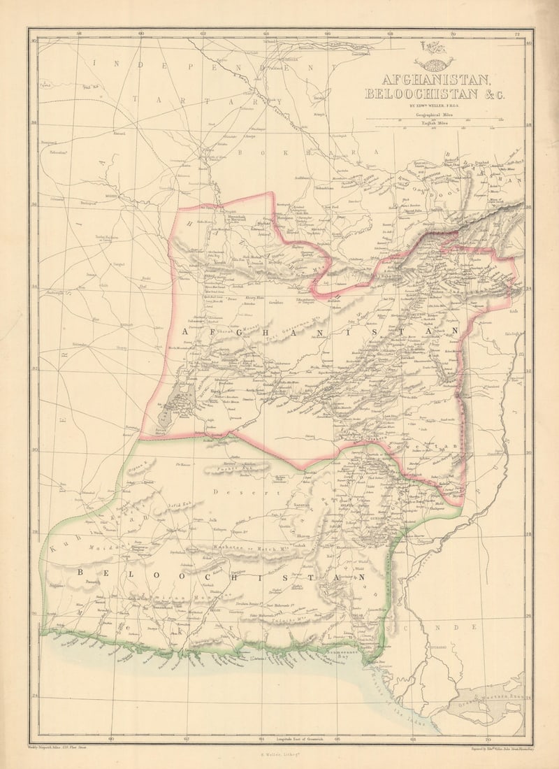 AFGHANISTAN & BELOOCHISTAN. Pakistan. Kabul Karachi Quetta. WELLER 1863 map: Afghanistan, Beloochistan &c.'. Engraved by Edwd. Weller. Published 1863. Antique map with original outline colour. Size 44 x 31 cm | 17.0 x 12.0 inches. Condition: Good; suitable for framing.