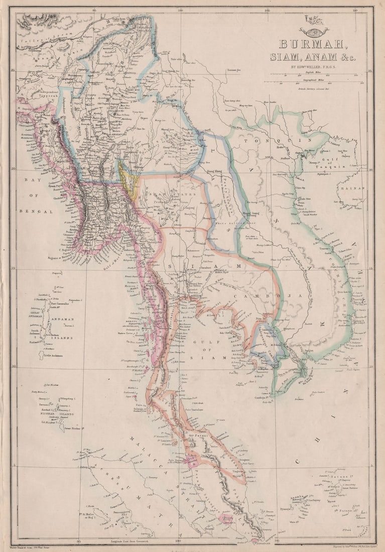 INDOCHINA. 'Burmah, Siam, Anam &c.' Singapore Penang Malacca. WELLER 1863 map: Burmah, Siam, Anam &c.'. Shows the Shan states divided as tributaries to Burmah and Siam, and the small adjacent state marked as "Red Kareen". "Independent Camboja" (Cambodia) and Laos ("Petty