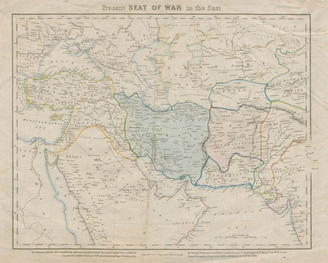 Present Seat of War in the East. Middle East. Debai (Dubai). BETTS 1838 map: Present Seat of War in the East'. The title of the map refers presumably to the then impending First Anglo-Afghan War. "Debai" (Dubai) is marked on the map . John Betts, 7 Compton Street, Brunswick Sq