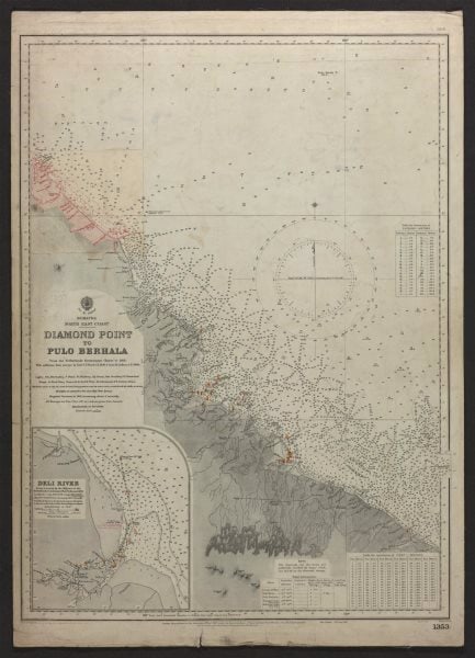 Sumatra NE Coast Belawan Medan Pulo Berhala. Admiralty sea chart 1921 old map: Sumatra N.E.Coast Diamond Point to Pulo Berhala'. From the Netherlands Government Charts with additions from surveys by Commander CY Ward & Lieut H Jackson. Published Surveyed 1860-1919; Published 189