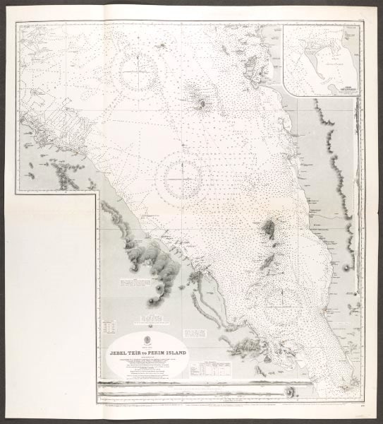 Red Sea. Jebel Teir - Perim Island. Admiralty nautical sea chart. Yemen 1930 map: Red Sea - Jebel Teir to Perim Island'. From surveys by WJL Wharton, P Aldrich and officers of HMS Fawn, et al. Published Surveyed 1877-1919; Published 1882; Revised to 1930. Large British nautical sea