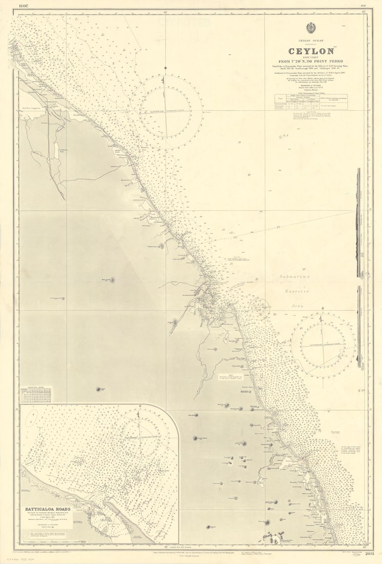 Sri Lanka Ceylon NE coast Batticaloa Roads ADMIRALTY sea chart 1888 (1956) map: Indian Ocean - Ceylon - East Coast from 7?20' N. to Point Pedro // Batticaloa Roads'. Point Pedro to Trincomalee Bays surveyed by the Officers of H.M. Surveying Ships, "Stork" 1937-1938, "Scarborough"
