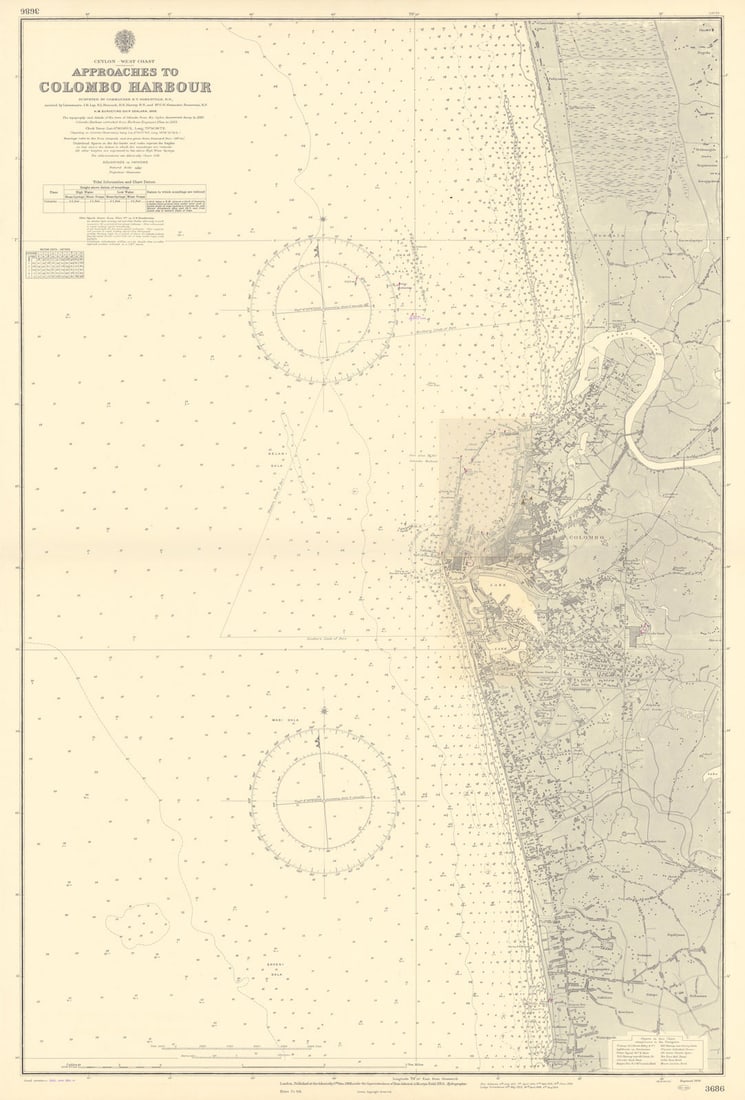 Colombo Harbour approaches Ceylon Sri Lanka. ADMIRALTY sea chart 1908 (1956) map: Ceylon - West Coast - Approaches to Colombo Harbour'. Surveyed by Commander B.T. Somerville, R.N., assisted by Lieutenants J.R. Lay, R.L. Hancock, H.E. Harvey, R.N., and Mt. G.H. Alexander, Boatswain,