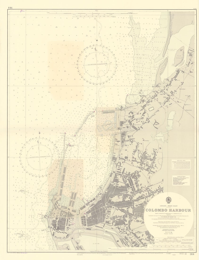 Colombo Harbour, Ceylon Sri Lanka. ADMIRALTY sea chart city plan 1907 (1956) map: Ceylon - West Coast - Colombo Harbour'. From a survey by Commander B.T. Somerville, R.N., assisted by Lieutenants J.R. Lay, R.L. Hancock, and H.E. Harvey, R.N. and Mr. G.H. Alexander, Boatswain, R.N. 