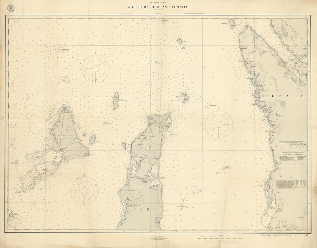 Philippines. Northern Cebu. Western Leyte. Bantanyan. USCGS sea chart 1910 map: Philippine Islands - Northern Cebu and vicinity'. U.S. Coast and Geodetic Survey, O.H. Tittmann, Superintendent. Published Surveyed 1906-1909. Published 1910.. Large USCGS nautical sea chart. Sea char