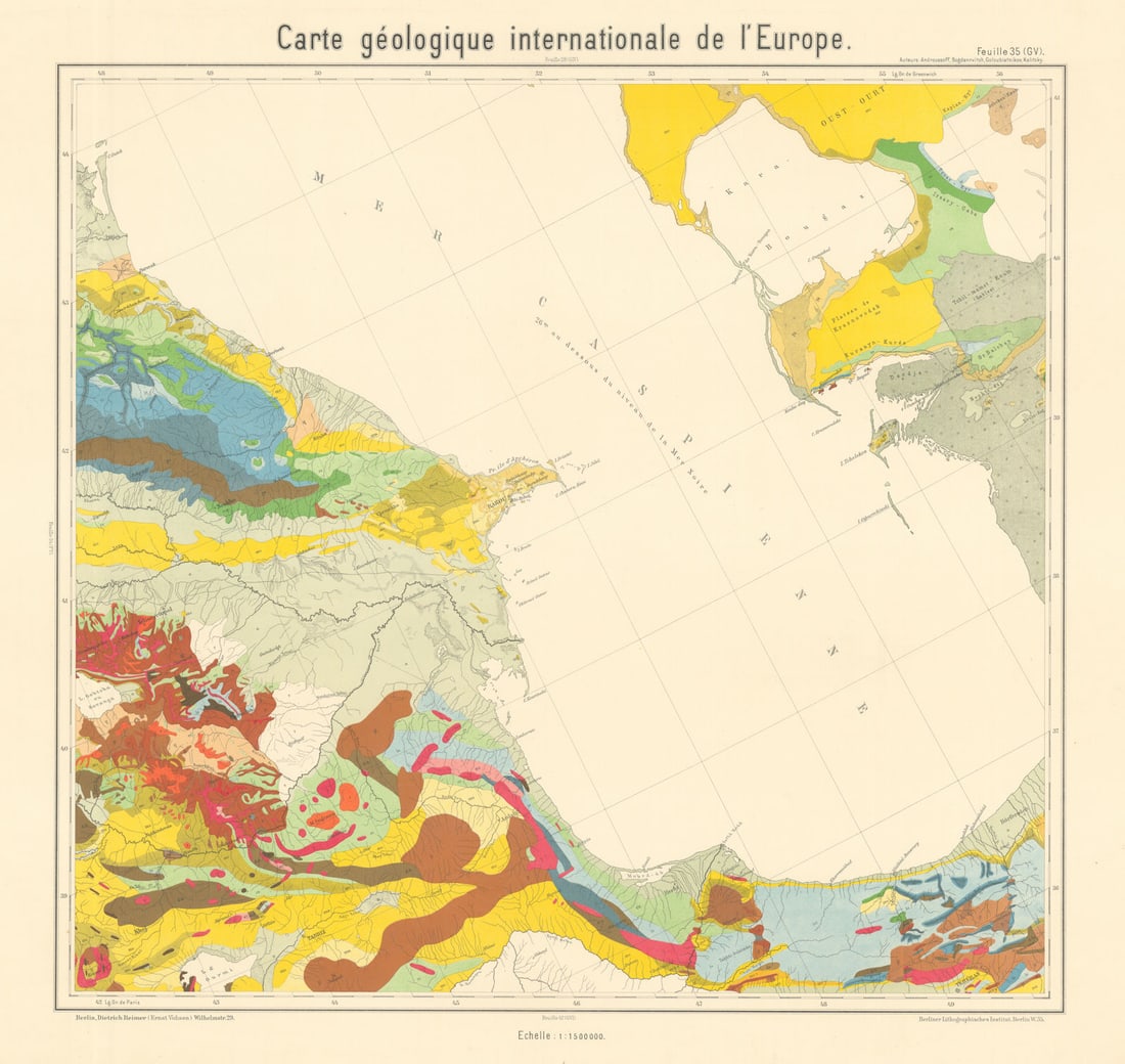 Geological map Southern Caspian. Azerbaijan Iran Turkmenistan BEYSCHLAG 1913: Carte geologique internationale de l'Europe - Feuille 35 (GV) - [Southern Caspian sea - Azerbaijan, northern Iran, western shore of Kazakhstan & Turkmenistan]. One of a series of geological map